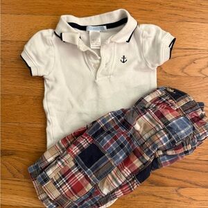 Janie and Jack White Polo with Navy Trim + Madras Pants, size 6-12 months